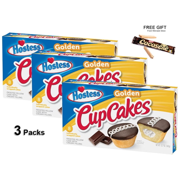 HOSTESS Golden Cupcakes, Creamy Filling - 12.7 oz, 8 Count (3 Packs) Free Gift from Winrock Store