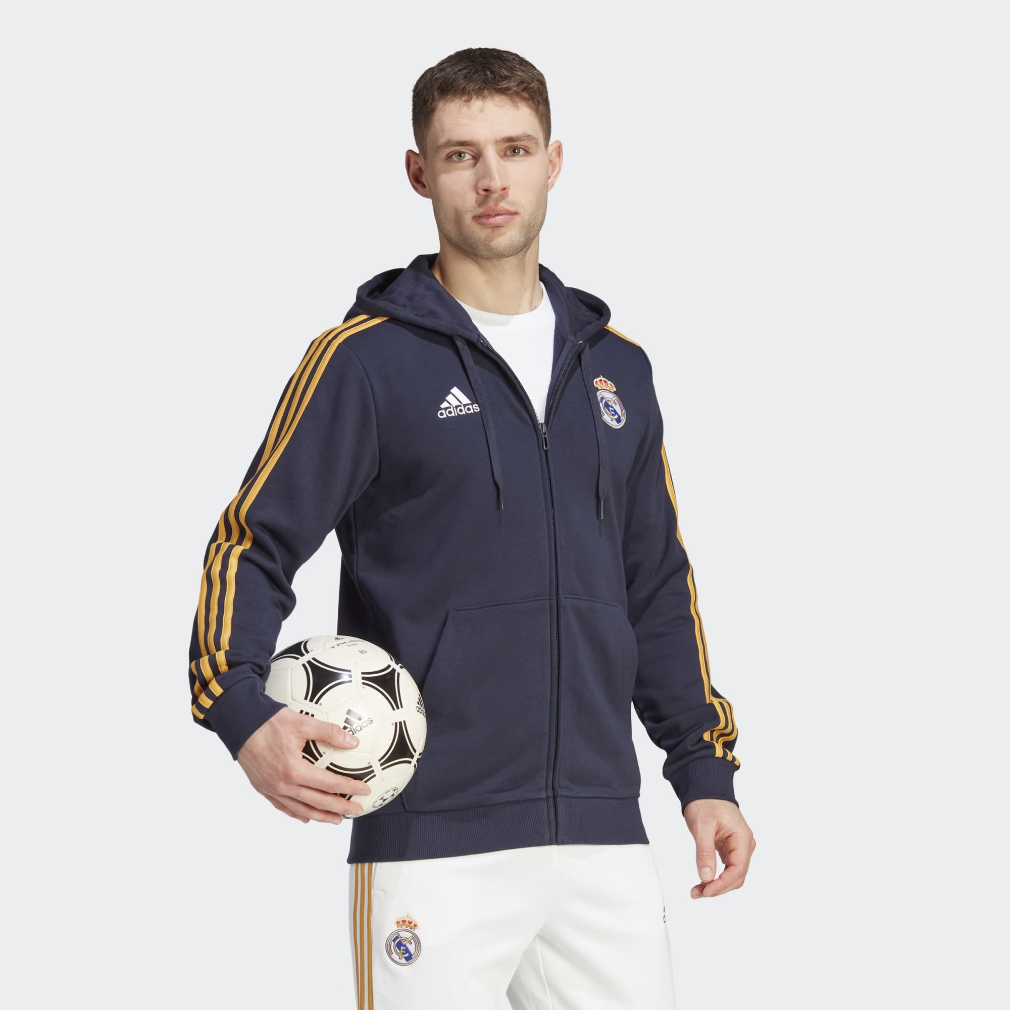 adidas Men's Soccer Real Madrid DNA Full Zip Hoodie 23/24 - Golden 3-Stripes, Soft French Terry Fabric- X-Large
