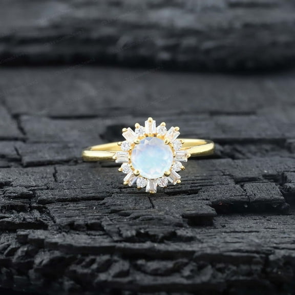 CHIRAGEMSJEWEL 5 MM / 1.5 Ct Moonstone Proposal Ring - Rose Gold Plated Diamond Halo Ring Birthday Gift for Girlfriend