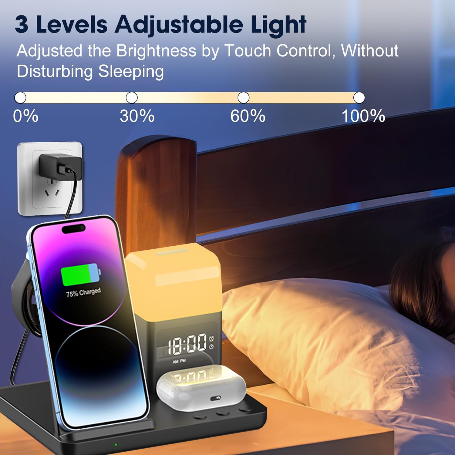 6 in 1 LED Phone Charger Stand Dock with Alarm Clock Night Light Wireless Charger for iPhone, , Wireless Charging Station for Apple Watch, for Airpods 3/2/Pro, for iPhone 17/16/15/14/13/12/11/Pro
