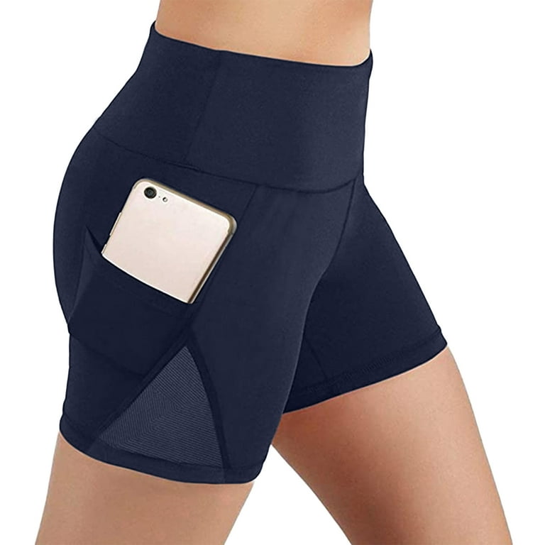 Skpblutn Women'S Pants Yoga Shorts With Side Pockets Workout Running  Compression Athletic Biker Shorts High Waist Navy Xl