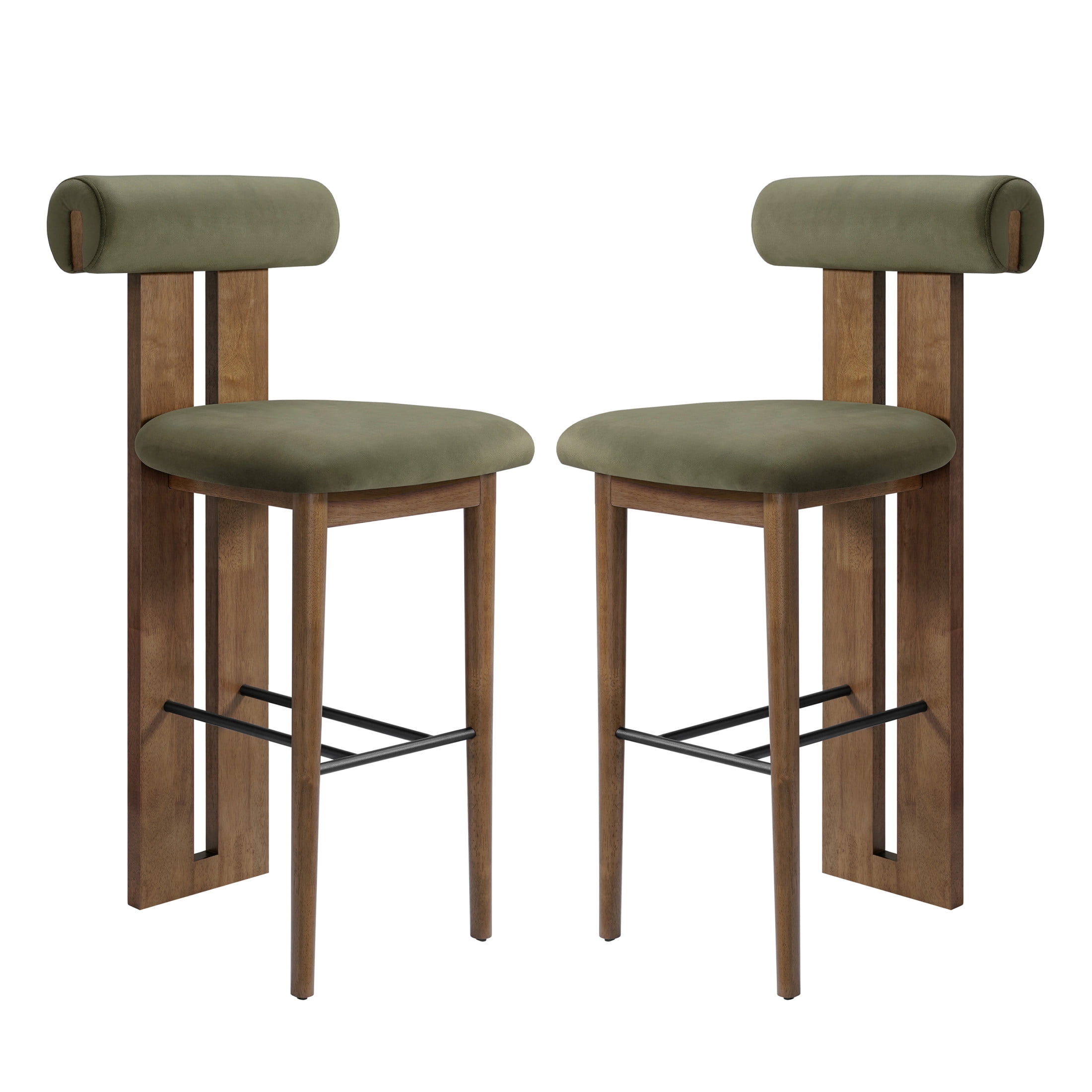 Christopher Knight Home Minimalist Upholstered Bar Stools, Solid Wood Frame, Cloud-Top Backrest, Green, Set of 2