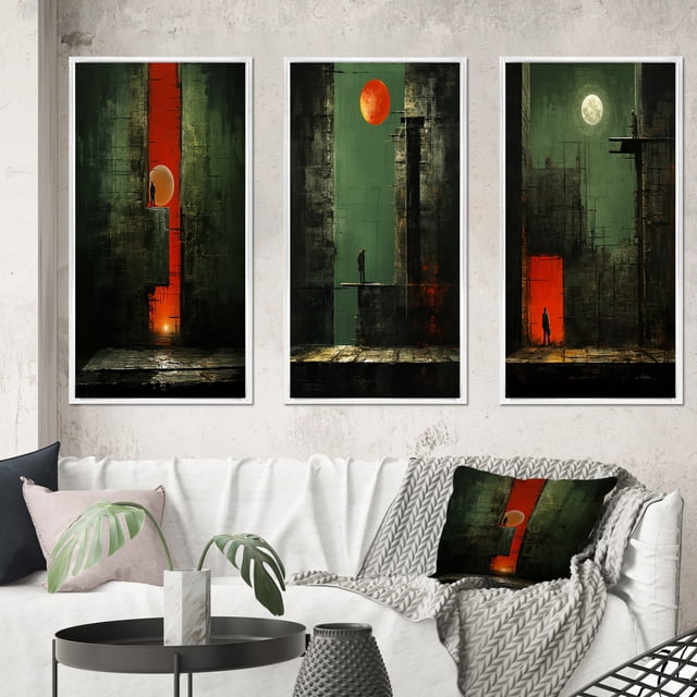 Designart "Urban Solitude under the Full Moon III" Modern Geometric Framed Wall Art Set Of 3 - Green Abstract Geometric Frame Canvas Set For Living Room Decor