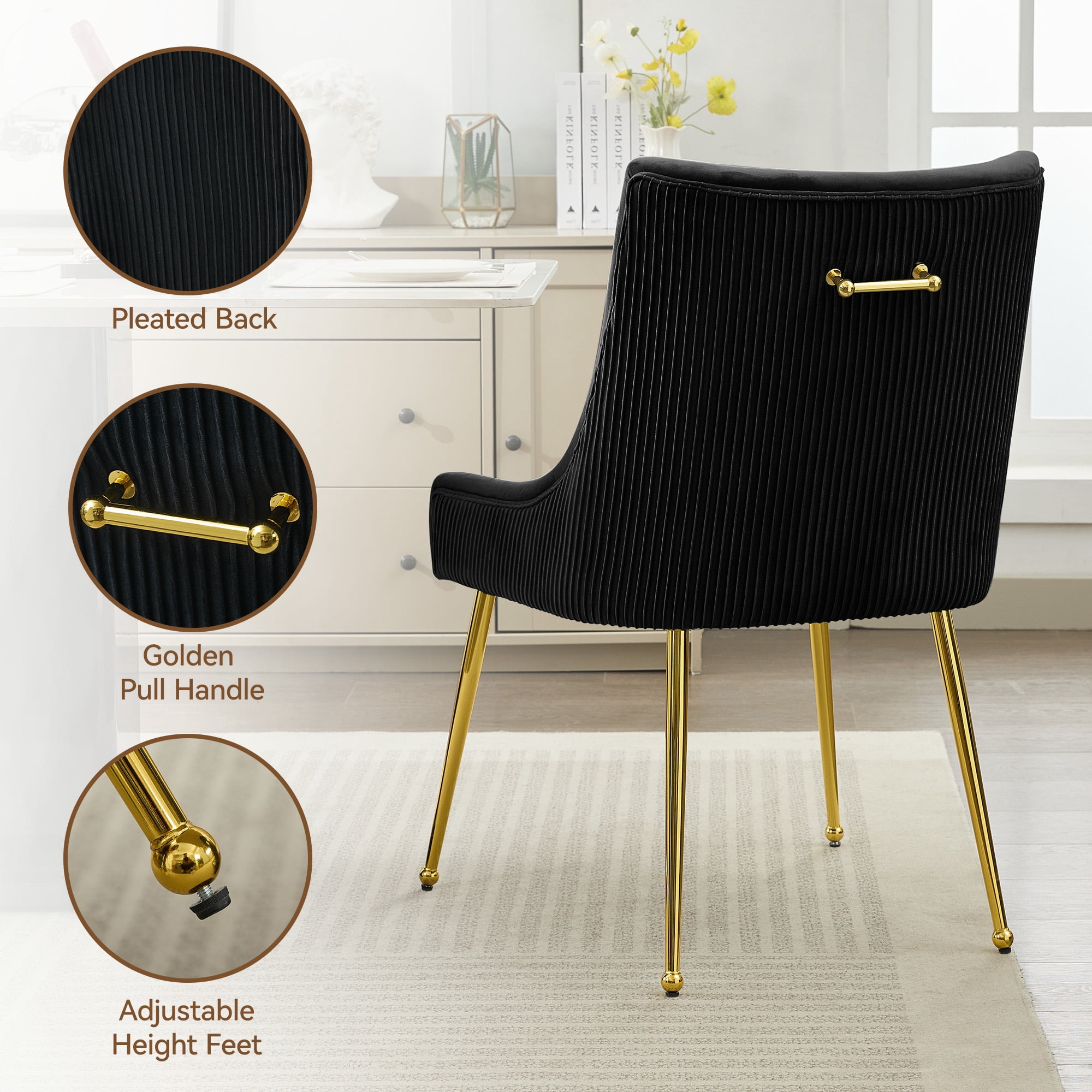 Velvet Dining Chairs Set of 2 with Gold Legs, Upholstered Accent Chairs, Pleated Back & Gold Pull Handle, Mid-Century Modern for Dining Room, Kitchen, Living Room, Black