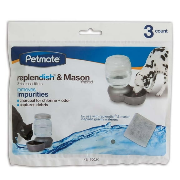 Petmate Replendish & Mason Charcoal Replacement Filters for Automatic Pet Waterers, Pack of 3, Grey