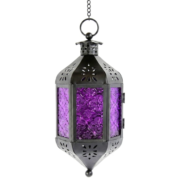 Hanging Moroccan Lamp Decorative Lantern with Chain for Indoor Home Decor, Outdoor Patio, Black Metal, Purple Glass