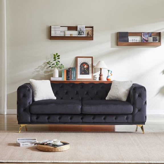 82.5" Deluxe Velvet Sofa with Chesterfield Tufted Buttons, Modern Comfy Couch with 2 Pillows and Metal Feet, 3-Seat Luxury Sofa for Living Room, Black