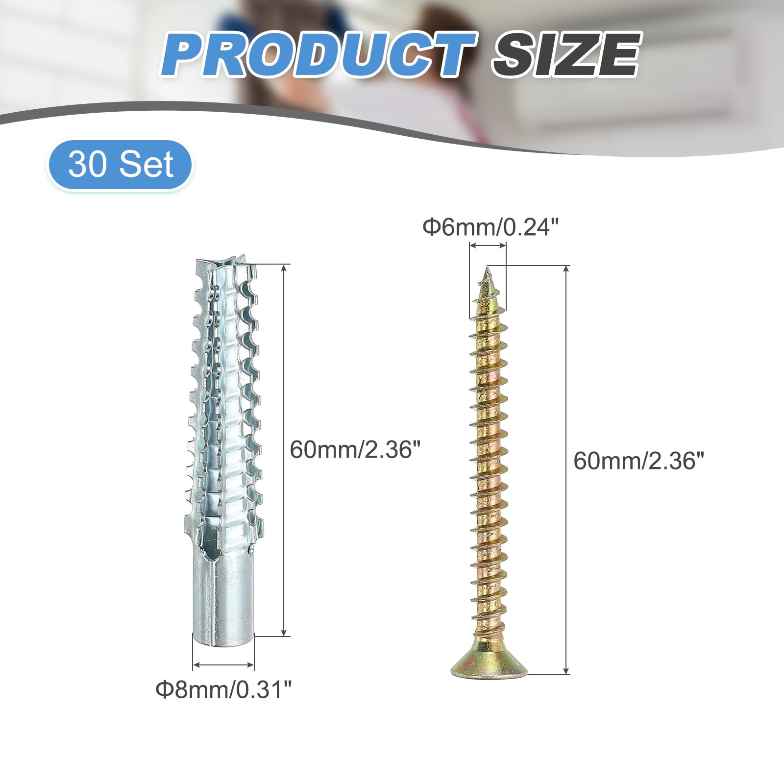 Uxcell 30 Pcs Drywall Hollow Wall Anchors with Screws, 0.24 x 2.36'' Heavy Duty Steel Wall Anchors Kit, Dry Wall Anchors for Concrete Wall Plaster Wall, Silver