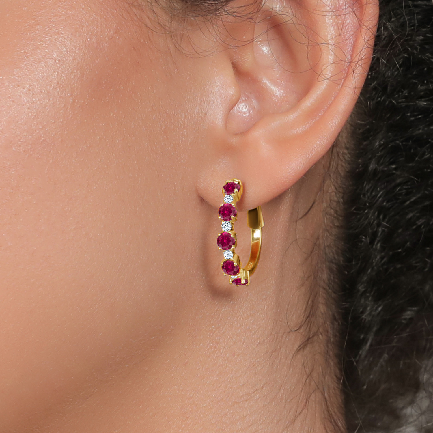 Gem Stone King 18K Yellow Gold Plated Silver Red Created Ruby and White Zirconia Hoop Earrings for Women (2.74 Cttw, Round 4MM and 1.9MM, 1 inch Diameter)