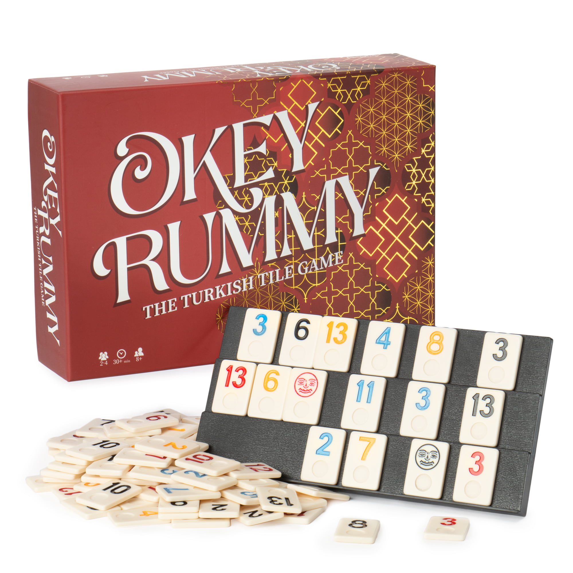 /& Seven Pairs Runs 2 False Jokers 1 Die Okey Rummy: The Turkish Tile Game /& Instructions Includes 104 Numbered Tiles Rummy-Style Draw /& Discard Family Board Game of Sets 4 Tile Holders