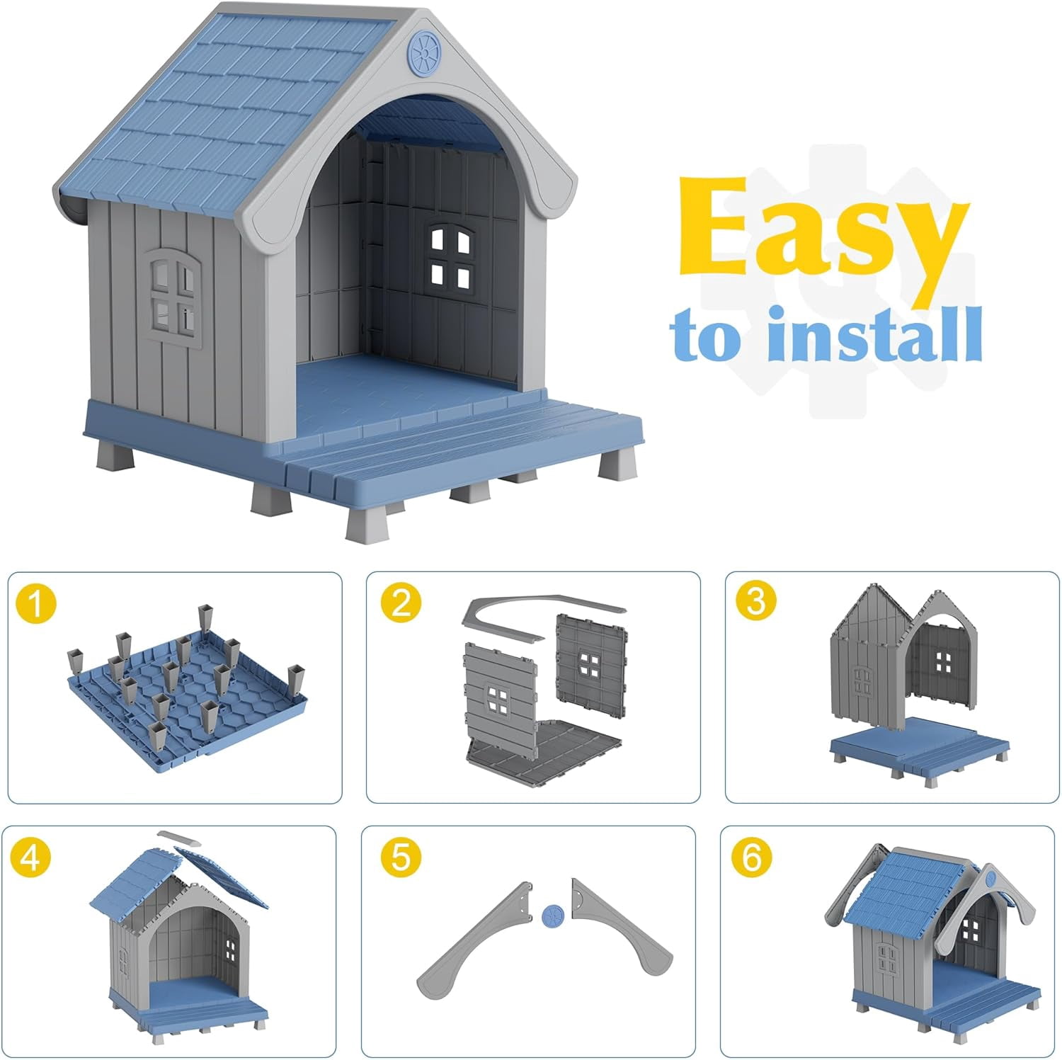 Dog House Outdoor Weatherproof with Porch for Small Medium Dogs, Durable Plastic Pet House with Sloping roof and Elevated Floor, Easy Cleaning and Assemble (Blue)