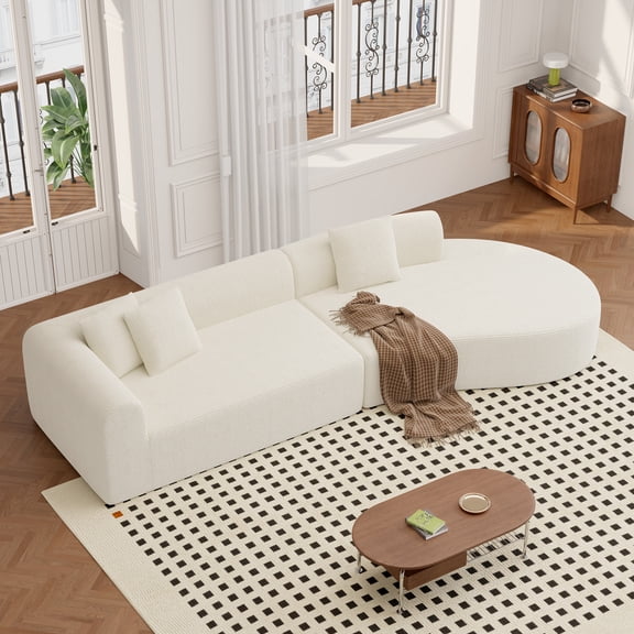 Sectional Sofa Cream, Striped Corduroy Modular L-Shaped Couch with Curved Chaise and Pillows for Living Room