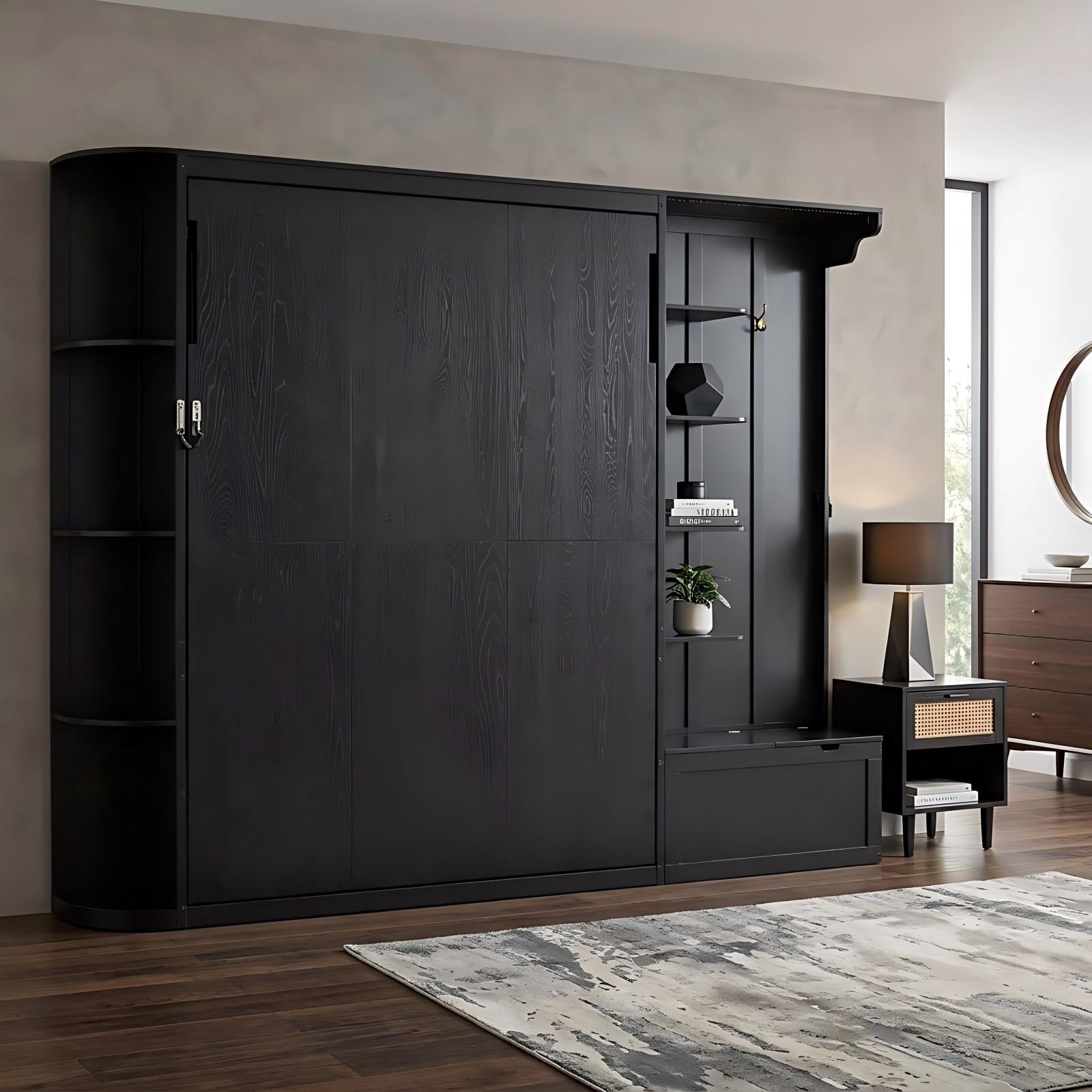 Aukfa Queen Murphy Bed with Storage & LED Lights, Space-Saving Modern Wall Bed Cabinet with Shelves & Hanging Hook for Small Spaces, Guest Room, Home, Black