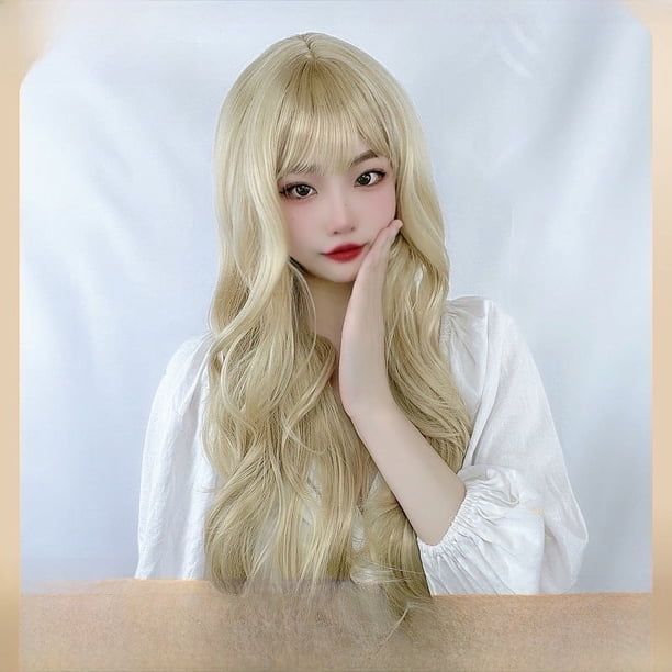 Flequillo al aire, pelo largo y rizado, ondas grandes, forma de cara esponjosa, temperamento, pelo largo, cubierta de pelo sintético