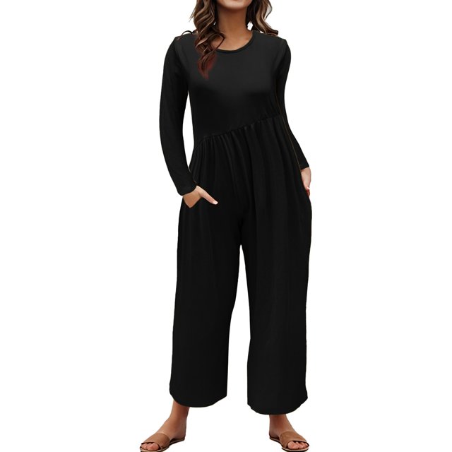 GYUJNB Combinaison pour Femmes Combinaison Unie à Col Rond pour Femmes avec Taille à Nouer et Poches Combinaison une Pièce pour Femmes, Noir, TP