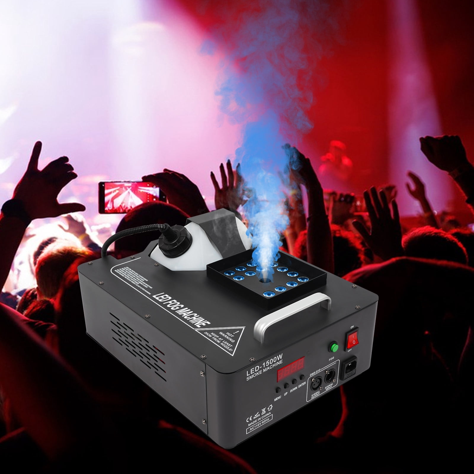 1500W Vertical Fog Machine with LED Lights, DMX512 Dry Ice Fog Smoke Machine Portable Wireless Stage Lighting Smoke Effect for DJ Party Halloween Celebrations, with 24LED ＆ Remote Control