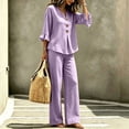 thumbnail image 6 of Gingham 2 Piece Set for Women Ruffle 3/4 Sleeve Notch Neck Top and Wide Leg Pants with Pockets Purple S, 6 of 7