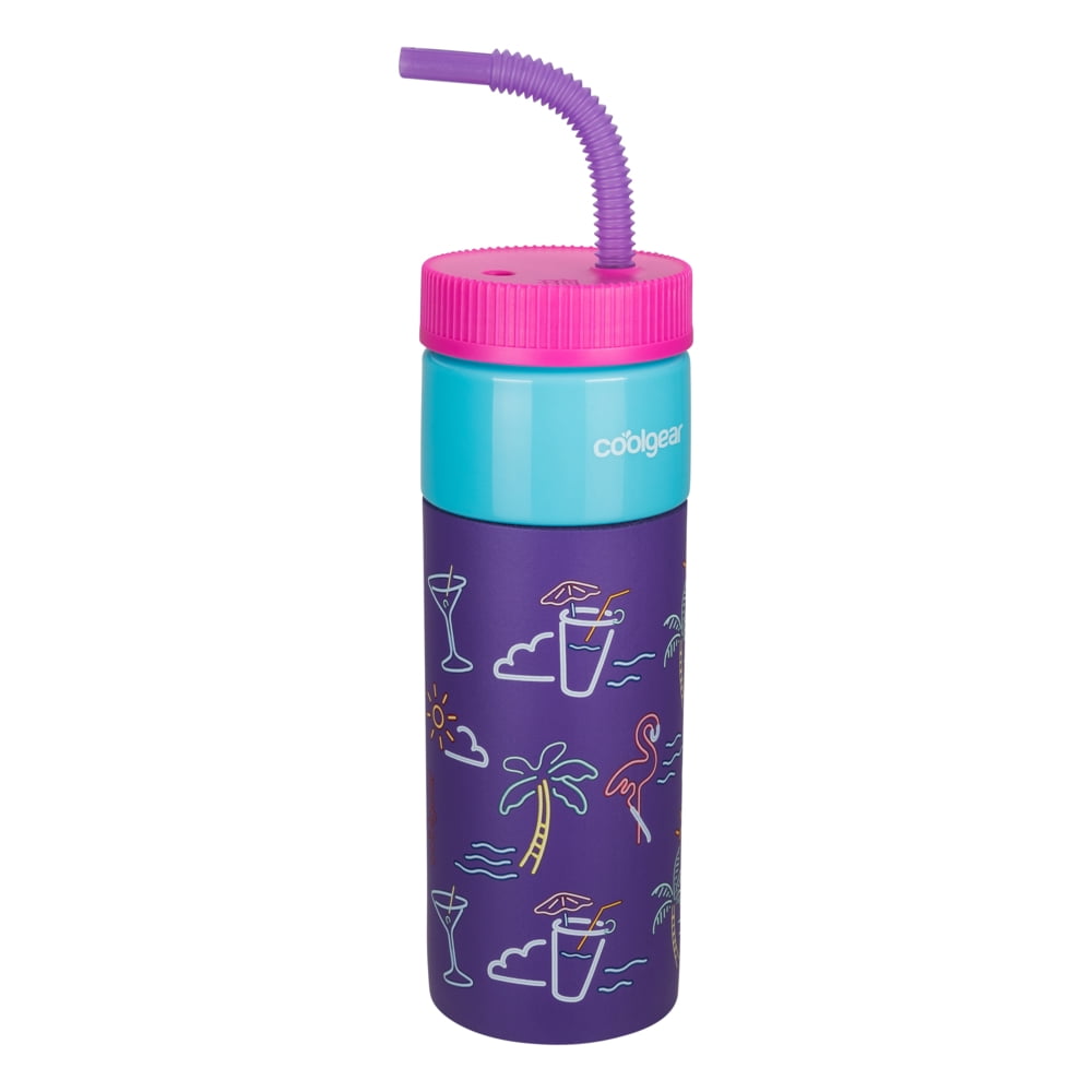 Cool Gear 24oz Plastic Retro Squishy Water Bottle, Neon Summer Purple with Foam Grip and Resealable Straw