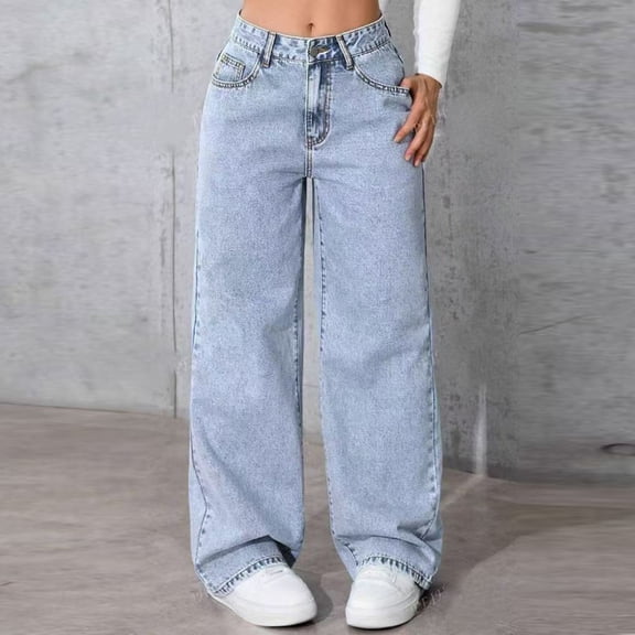 Girl's Cute Baggy Wide Leg Jeans Elastic High Waisted Denim Pants Bottoms With Pockets