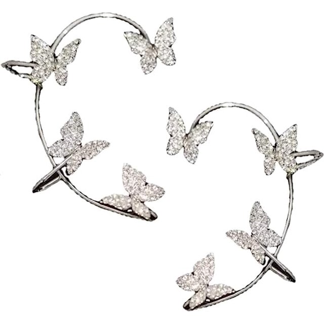1 par de pendientes de mariposa con puños de circonitas, pendientes de mariposa que se envuelven alrededor de las orejas, pendientes de mariposa, clips de oreja de mariposa de circonitas brillantes, pendientes vintage (plata) JM