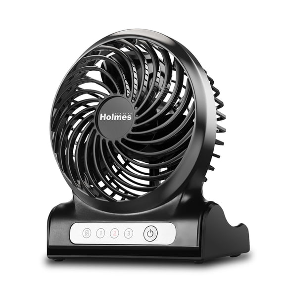 Holmes 4" Rechargeable USB Desk Fan Portable Cordless with 90 Degree Adjustable Tilt Black
