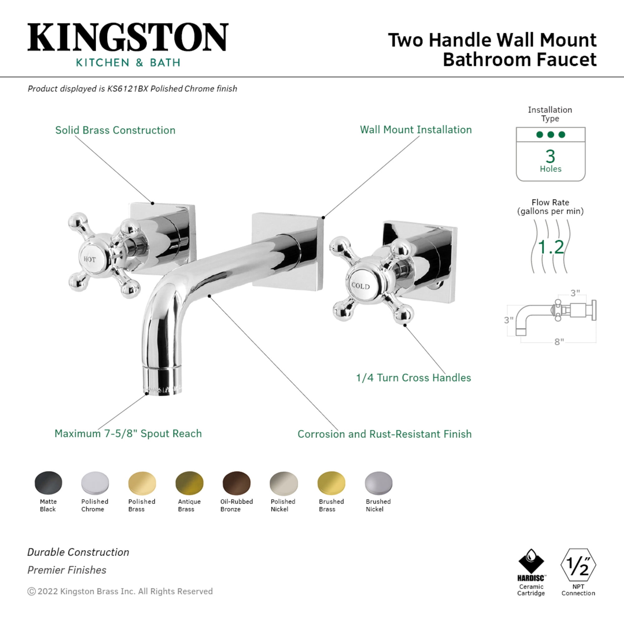 Kingston Brass KS6123BX Metropolitan Double-Handle Wall Mount Bathroom Faucet, Antique Brass