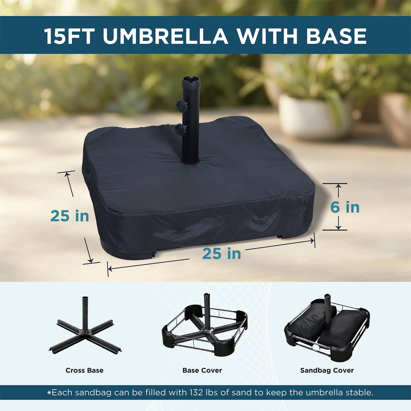 AE Outdoor 15FT Triple-Head Patio Umbrella with Base & Sandbags – Double-Tier Vented Canopy, Smooth Crank Lift, UV & Water Resistant Fabric – Perfect for Outdoor Dining, Poolside