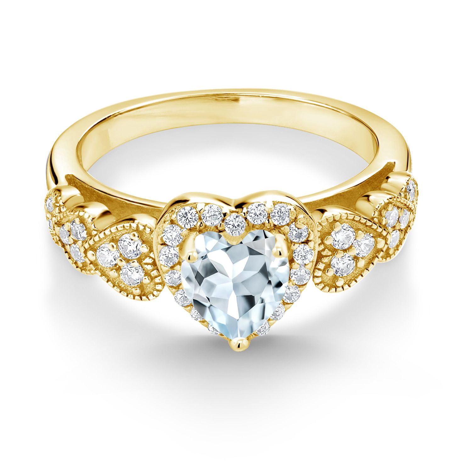 Gem Stone King 18K Yellow Gold Plated Silver Heart Shape Sky Blue Aquamarine Women Ring (1.16 Cttw, Gemstone Birthstone, Available in Size 5, 6, 7, 8, 9)