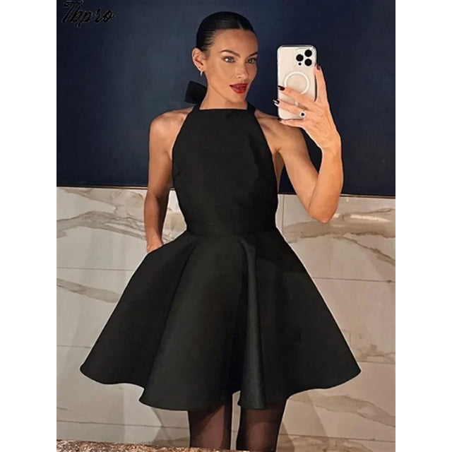 Vestido corto con espalda descubierta para mujer, minivestido elegante con cuello Halter, hombros descubiertos, sin mangas, corte en A, ropa de fiesta para primavera y verano
