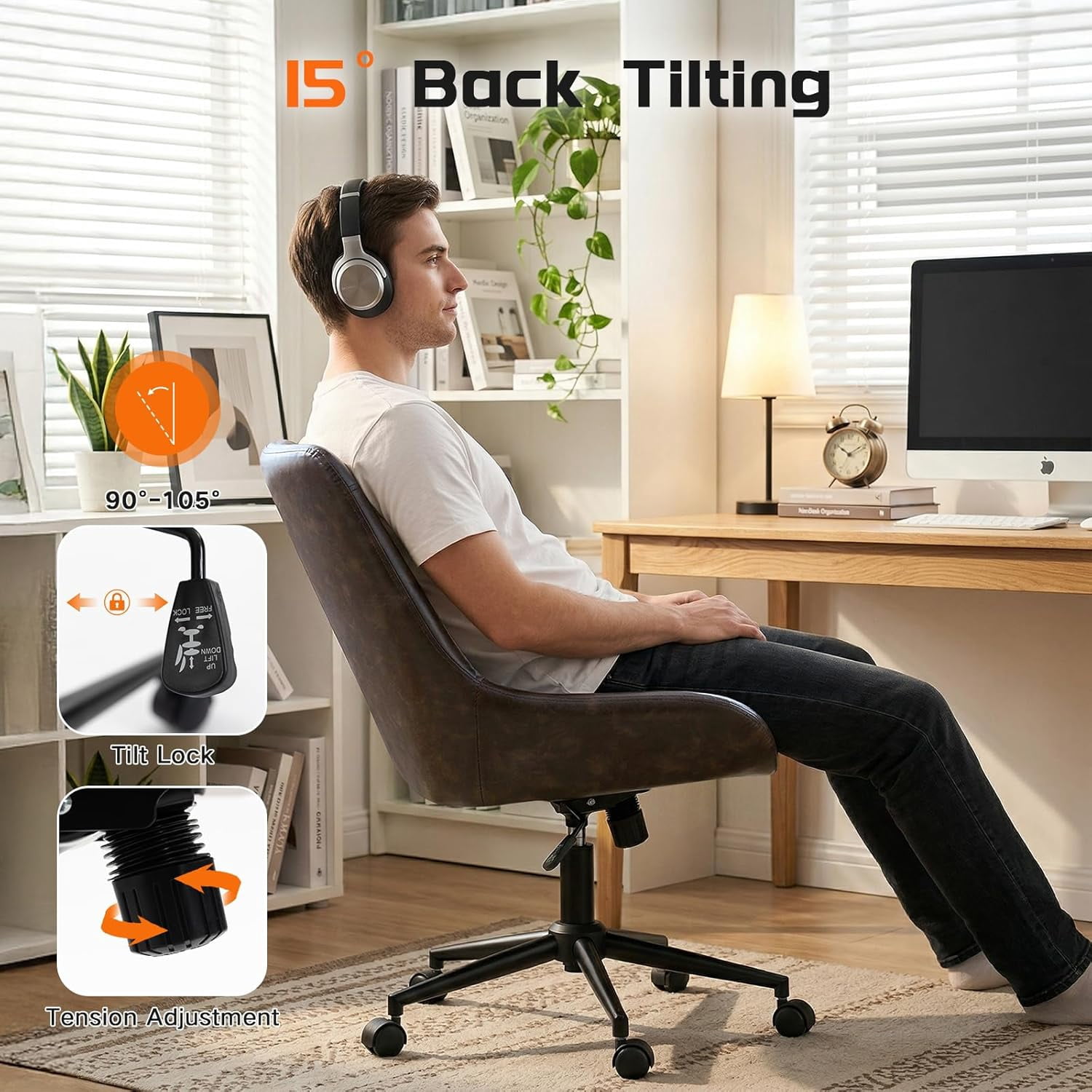 Faux Leather Home Office Chair，Comfortable Armless Task Chair Swivel Rolling Adjustable Height Home Office