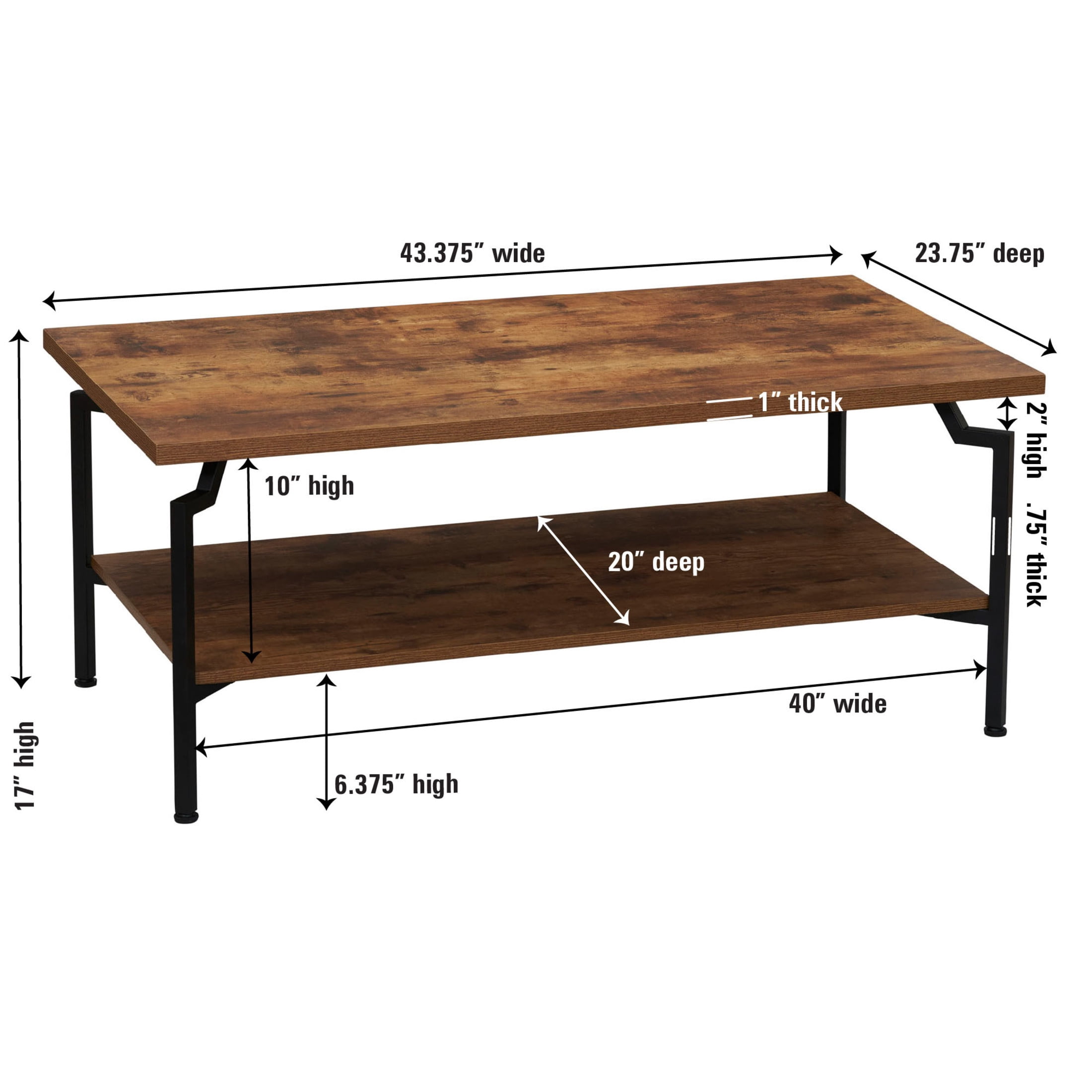 Household Essentials Crown Rectangular Coffee Table with Storage Shelf Rustic Hickory Wood Grain and Black Metal