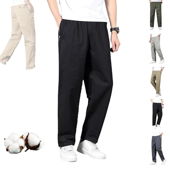Mens Elastic Waist Pants for Seniors, Zipper-Pocket Durable Cargo Pants, High Waist Stretch Cotton Pull On Dress Pant Elderly