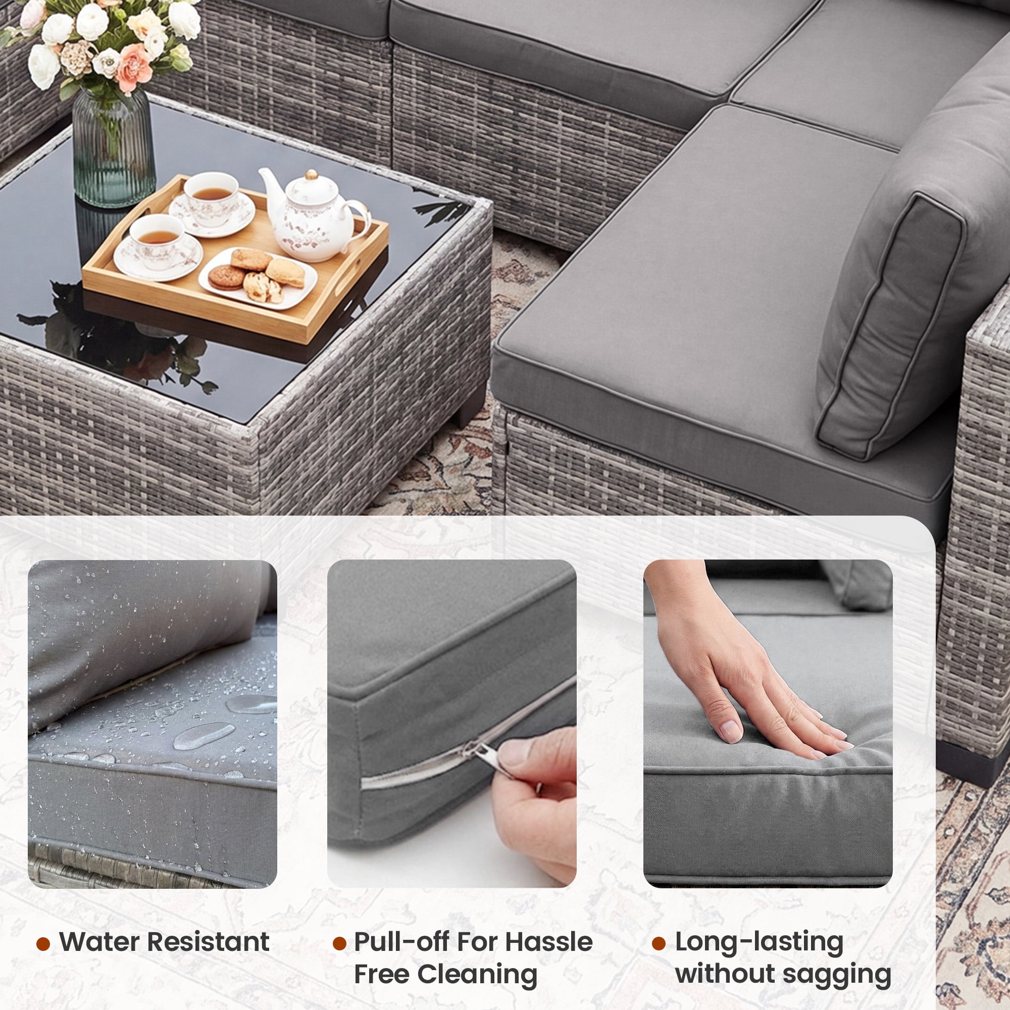 MOLIBYME 7 Pcs Outdoor Patio Furniture Set, Modular Outdoor Sectional Wicker Conversation Set, Rattan Sofa Set with Glass Table and Washable Cushion Covers, Light Gray