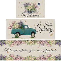 3 Pcs Spring Kitchen Rug Sets Lavender Tulip Vase Hello Spring Seasonal Flower Summer Home Decor Floor Mat for Home Indoor Outdoor Living Room Bedroom Spring Holiday Decor