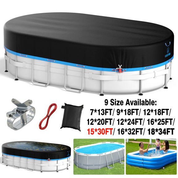 SHELTUSE Oval Pool Cover, 15X30 Ft Oxford Oval Pool Solar Cover Above Oval with Steel Rope Inflatable Pools Cover for Swimming Pool, Black