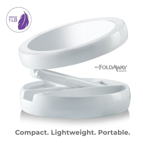 NU Brilliance My Foldaway Double Sided LED Makeup Mirror with 10X Magnification, Portable and Compact, Extends to 11”, Folds Flat for Travel, White