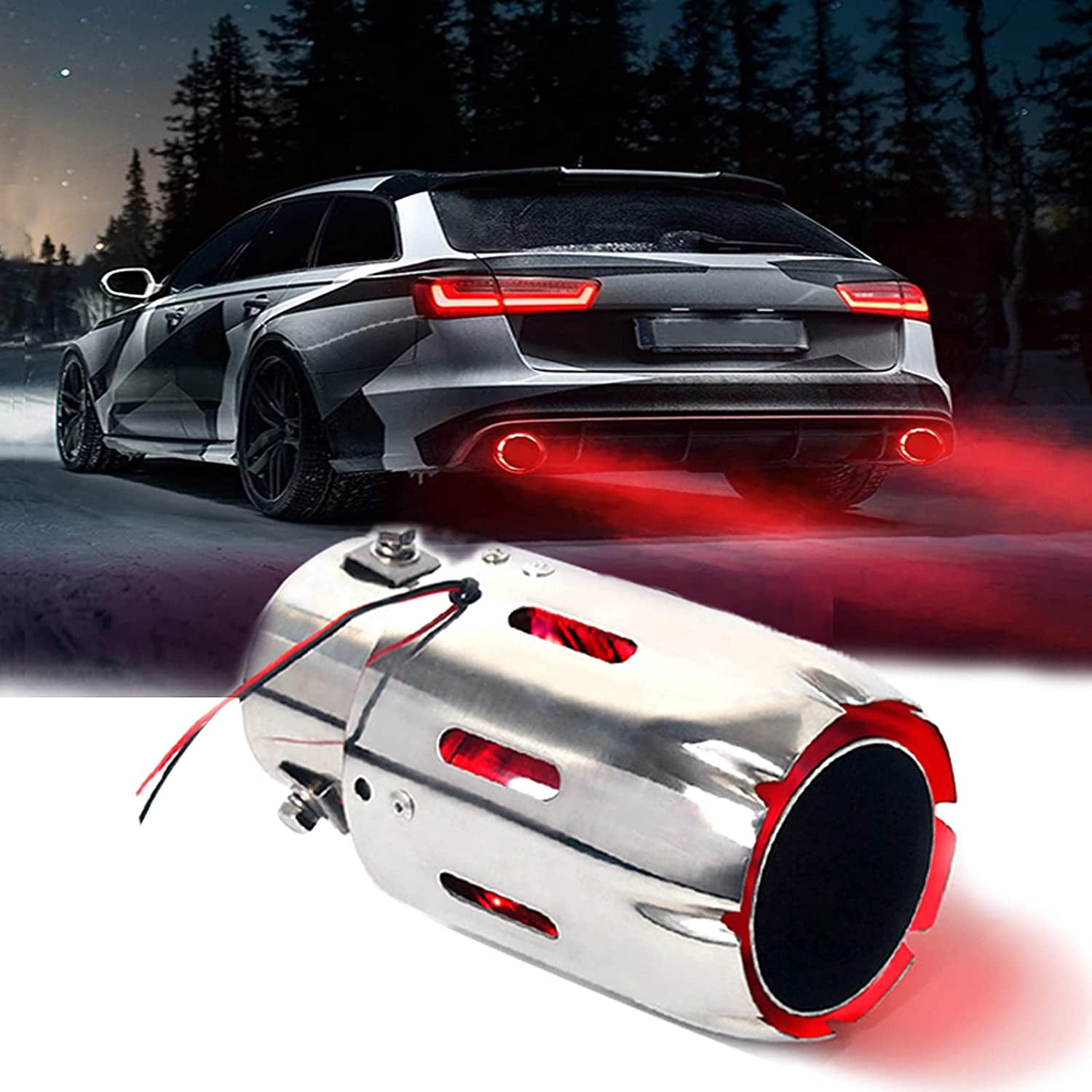 2.5 Inlet Exhaust Tips Stainless Steel Muffler Car Exhaust Tail Pipe Modification Luminous Tube With Red Flame LED light 89mm Outlet 3.5in 