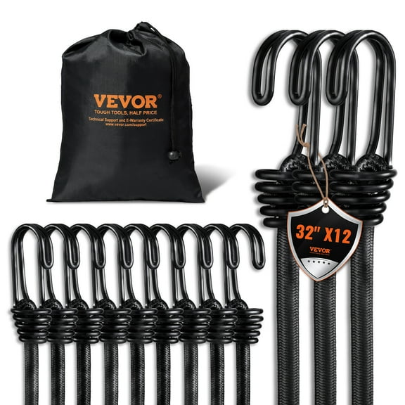 VEVOR 12 Piece Bungee Cords with A3 Steel Hooks, 32 Inch Heavy Duty Bungee Straps, 8 mm Elastic Bungee Ropes Set for Camping, Tarps, Motorcycle, Truck and Tent, Black