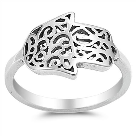 Sterling Silver Hamsa Ring - Sideways Hand of God Filigree Hamsa Ring .925 Sterling Silver Band Size 7