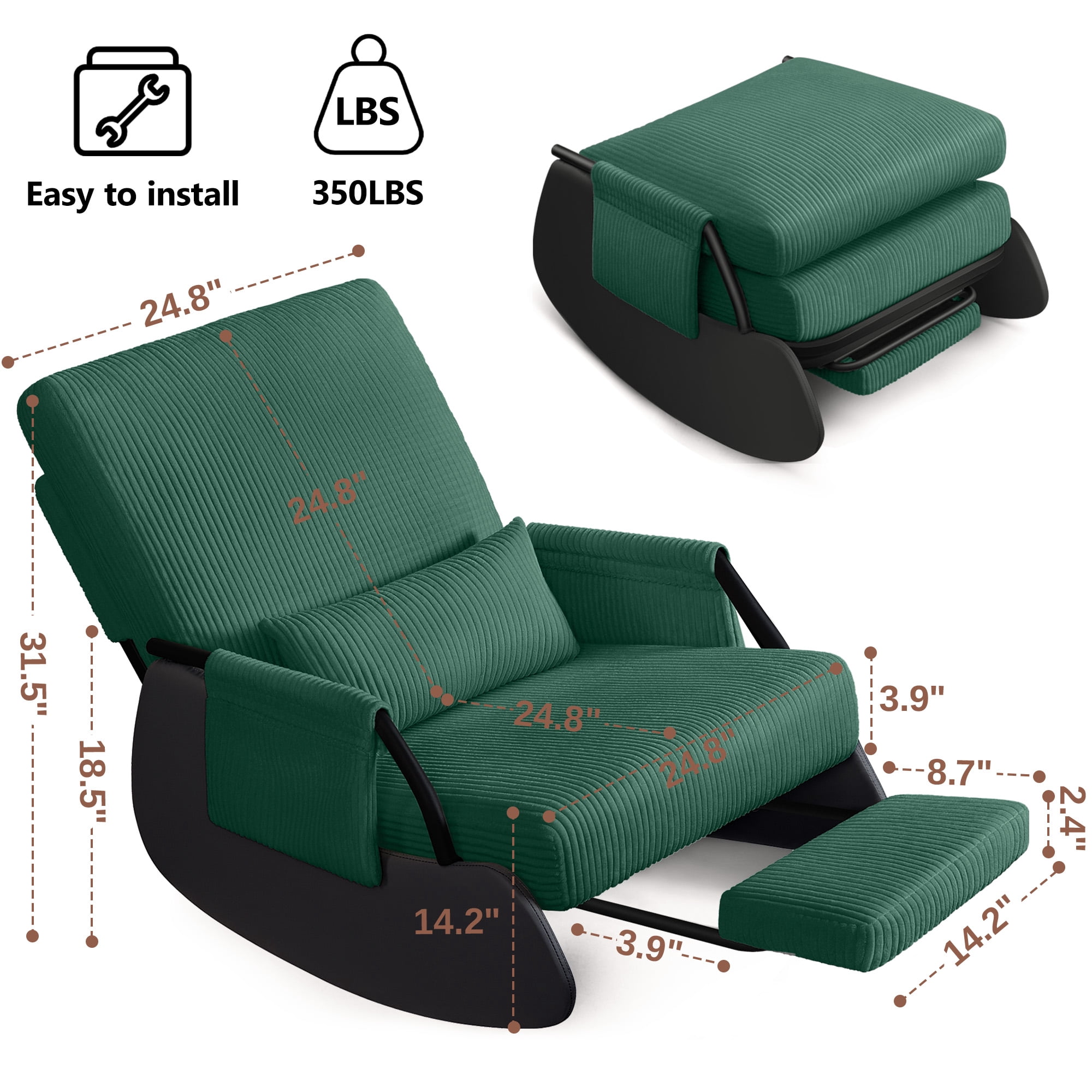 Primy Nursery Rocking Chair, Low-Seat Glider Chair, Upholstered Rocking Accent Chair Recliner with Side Pocket and Foot Rest for Mom Nursery Living Room Bedroom