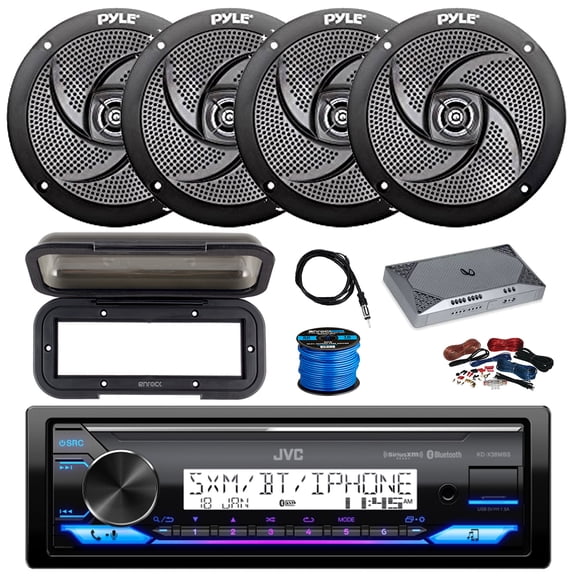 JVC KD-X38MBS Single DIN Marine Bluetooth AM/FM Stereo Receiver, 4-Channel Amplifier w/Install Kit, 4X 5.25" 180 Watt 2-Way Slim Low Profile Audio Speakers (White) w/ Wire, Radio Cover, Antenna
