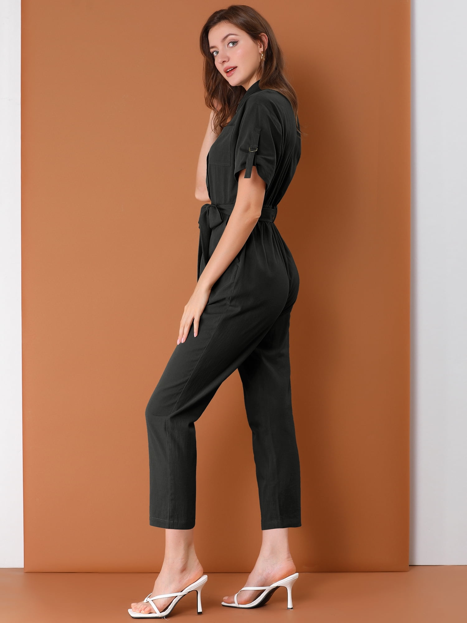 DARING DIVA Women's Button Up Tie Waist Jumpsuit with Pockets XL Black