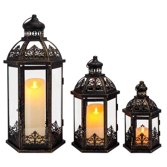 JHY DESIGN Brushed Metal Hollow Home Pillar Candles Candle Lantern, Set of 3