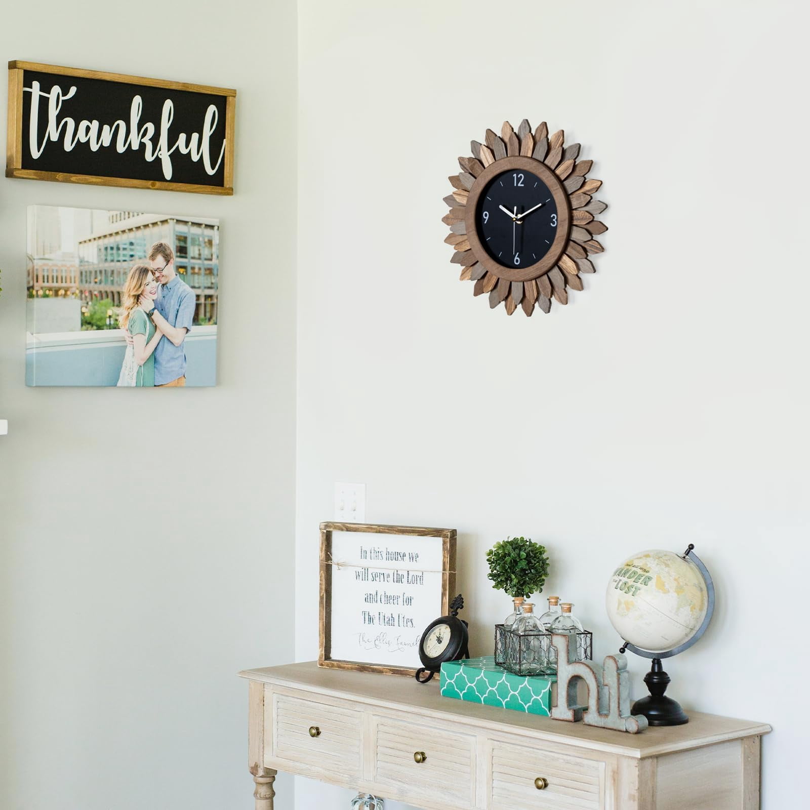 12 In Rustic Wood Boho Sunburst Decorative Wall Clock Silent Non Ticking Farmhouse Small Wall Clocks for Living Room Kitchen Bedroom Decor (Tricolor)