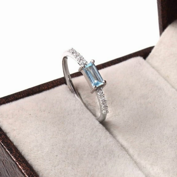 Dainty Aquamarine Wedding Band Baguette Cut 925 Silver Ring Unique Moissanite Wedding Ring Minimalist Gemstone Ring Women Anniversary gifts.
