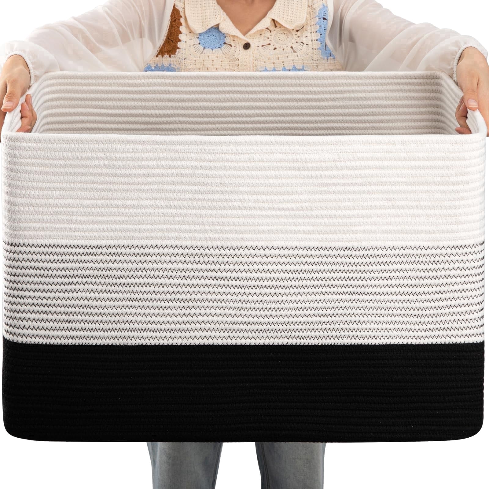 75L Large Blanket Basket（25"x16"）,Large Blanket Basket for Organizing, Dog Toy Bin,baby laundry basket,Cotton Rope Blanket Basket for Living Room, Laundry, Nursery, Pillows,Gradient Black
