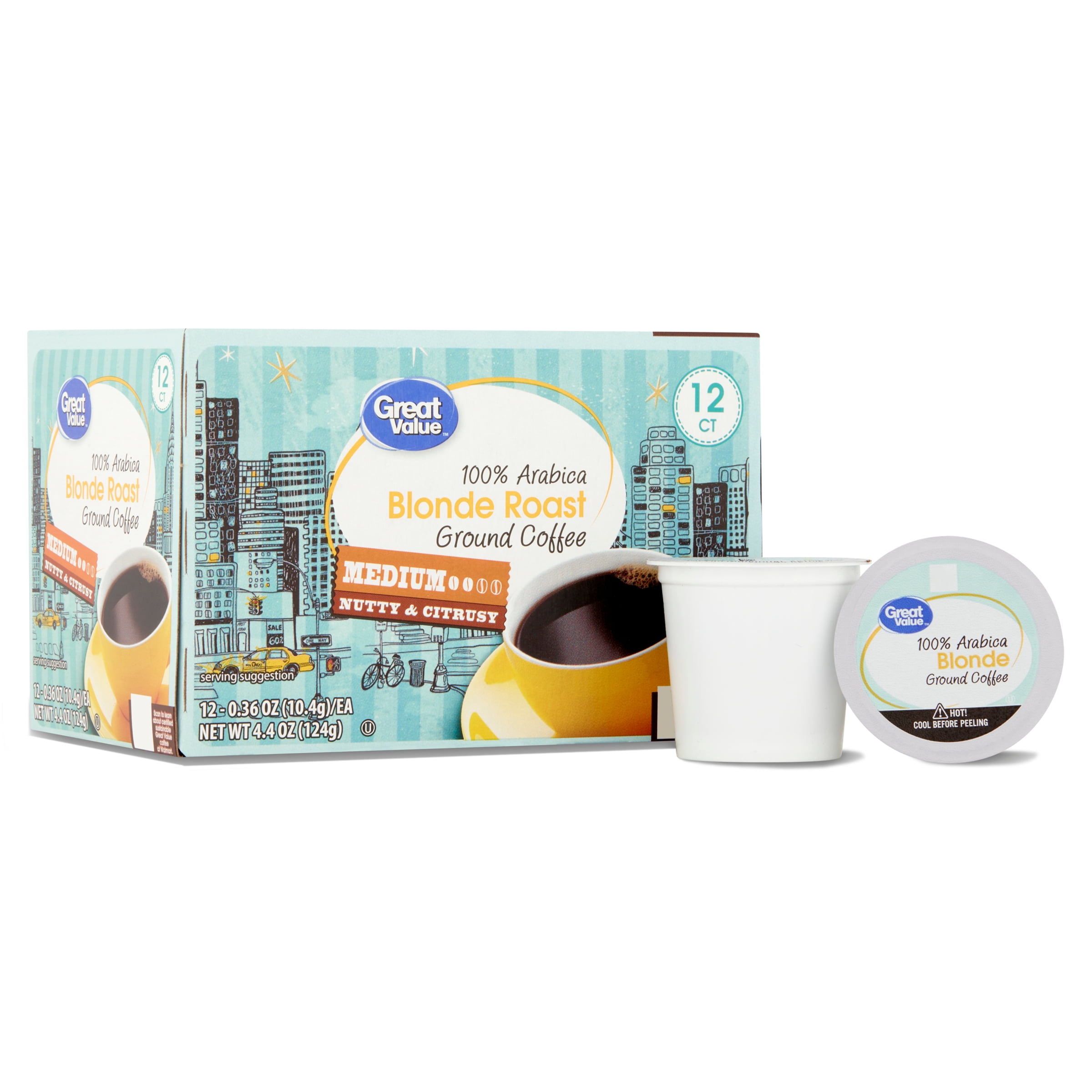 Great Value 100 Arabica Blonde Medium Roast Ground Coffee Pods, 12 Ct