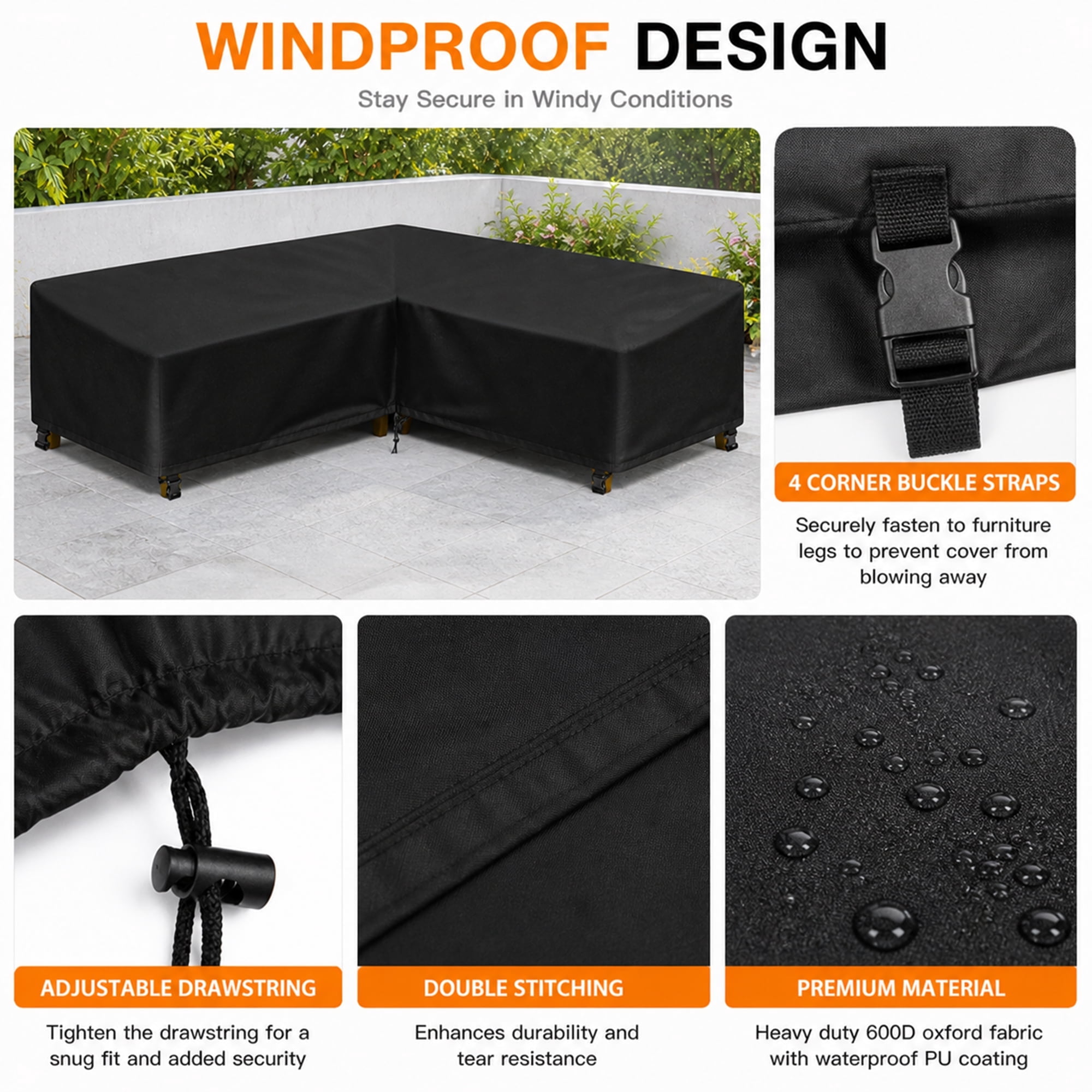 COSYUMI Patio V-Shaped Sectional Sofa Cover, Waterproof Outdoor Sectional Cover, 420D Heavy Duty Garden Furniture Sofa Cover with 4 Windproof Buckles for Outdoor Indoor Sofa