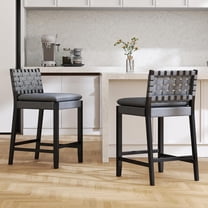 Guyou 26" Rattan Bar Stools Set of 2, Farmhouse Woven Wooden Counter Height Stools with Footrest, Leather Upholstered Bar Chairs for Kitchen Island, Pub & Bar, Black