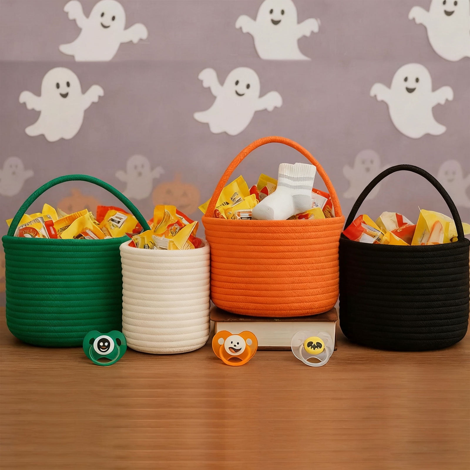 Personalized Halloween Basket – Cotton Rope Pumpkin Basket, Trick-or-Treating Candy Tote, Boo Bucket, Halloween Gifts Basket for Kids & Adults White